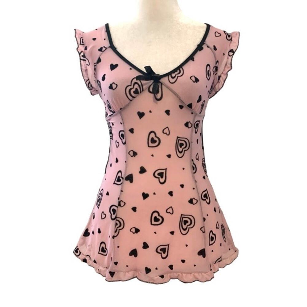 Y2K Pink Mesh Black Heart Print Babydoll Sleep Dress Small